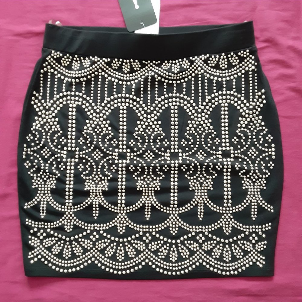 PRIVY Dancing Queen Silver Studded Black Skirt, Size ; Medium - New with Tags!